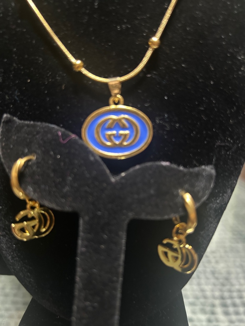 GUCCI Blue and Gold Pendant Necklace and Earring Set